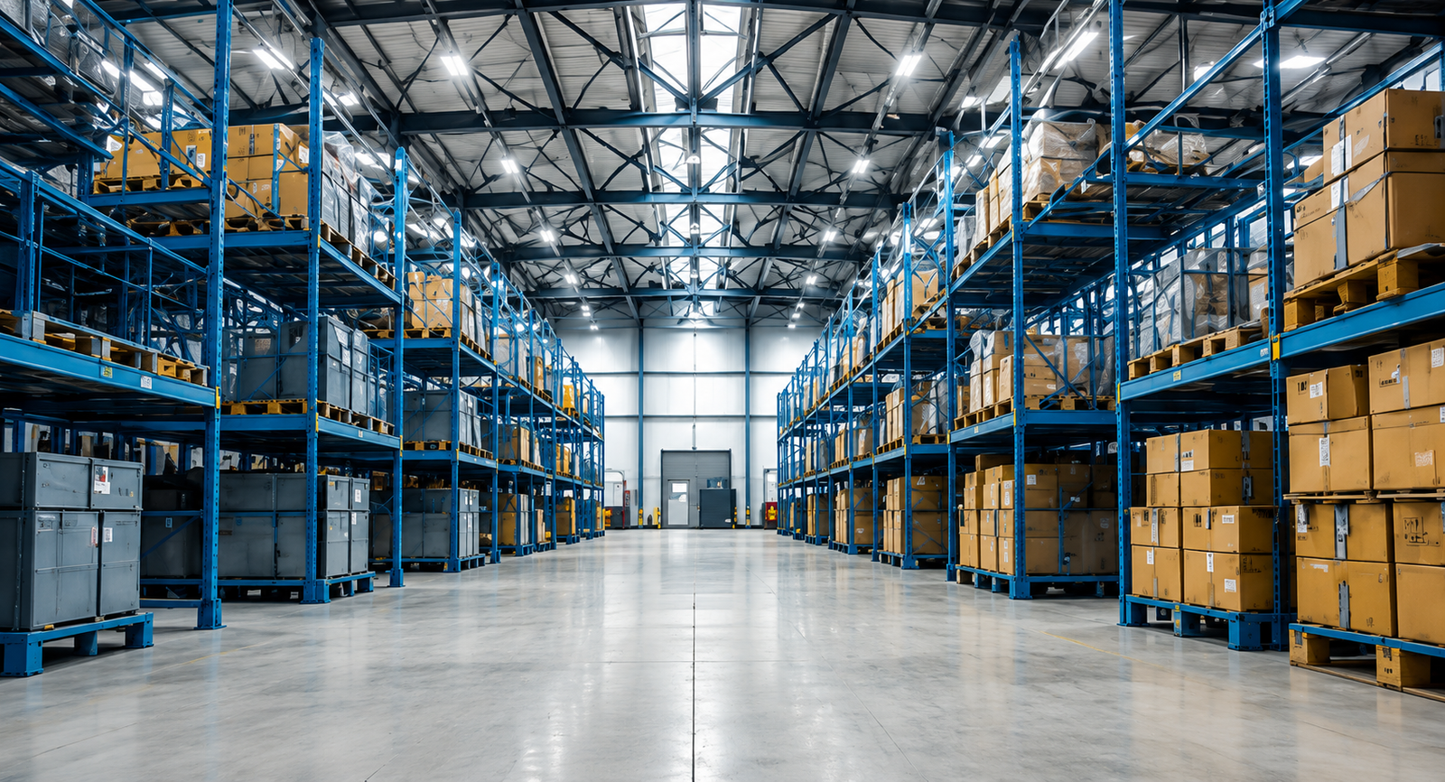 Almacén industrial con racks y mercancía en tarimas